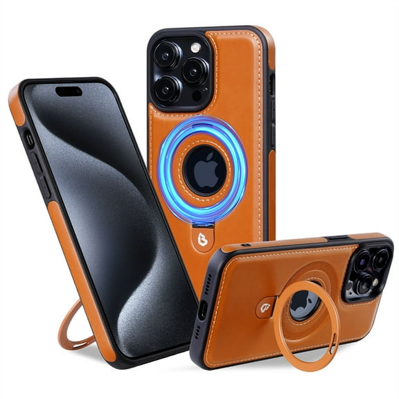 ELEHOLD for iPhone 14 Pro Magnetic Case Premium PU Leather Logo View Hollow Design Foldable Ring Holder Kickstand Support Mag Safe Charging Shockproof Anti-Scratch Cover for iPhone 14 Pro,brown