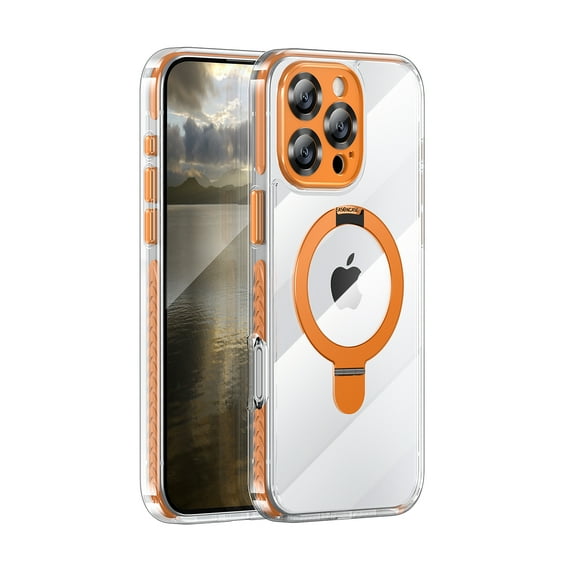 ELEHOLD For iPhone 14 Pro Magnetic Ring Stand Case Slim Transparent Full Protection Cover, MagSafe Compatible, None-Yellowing, Lens All-inclusive, No Slip, Orange