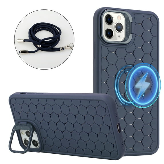 ELEHOLD for iPhone 14 Pro Magnetic Stand Case with Detachable Lanyard Strap Honeycomb Heat Dissipation Compatible with Mag Safe Charging Lens Frame Kickstand Anti-Lost Protection Cover,Darkblue