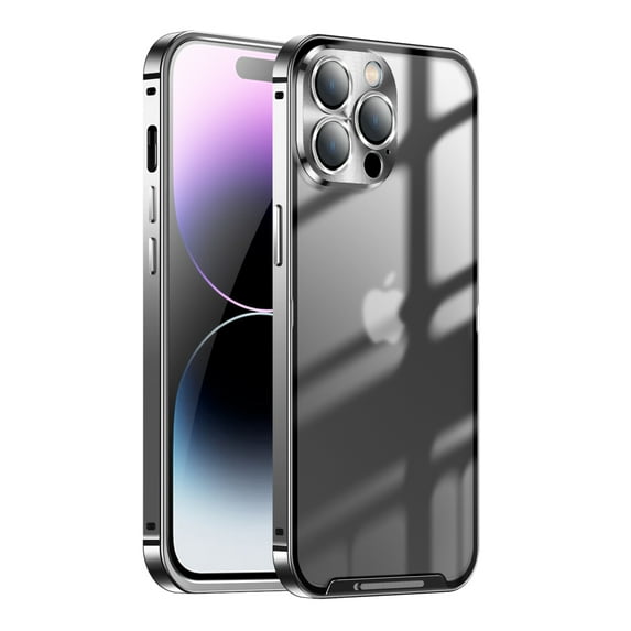 ELEHOLD for iPhone 14 Pro Max 6.7 Inch Case with Buckle Safety Lock, Slim Metal Bumper Frame Matte Clear PC Back Glass Lens Film All-Inclusive Camera Lens Full Protection Case,Black