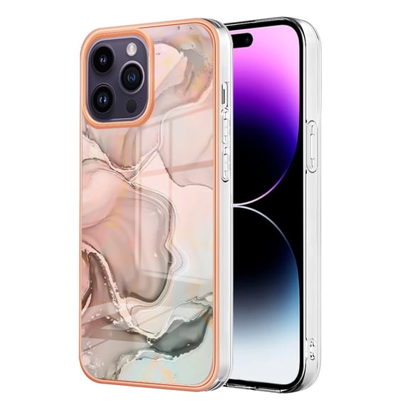 ELEHOLD for iPhone 14 Pro Max 6.7 inch Marble Case, Clear Electroplated Frame Soft TPU Anti-Scratch Wear-Resistant Wireless Charging Slim Fit Transparent Case for iPhone 14 Pro Max, Rosegold