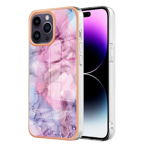 ELEHOLD for iPhone 14 Pro Max 6.7 inch Marble Case, Clear Electroplated Frame Soft TPU Anti-Scratch Wear-Resistant Wireless Charging Slim Fit Transparent Case for iPhone 14 Pro Max, Pink