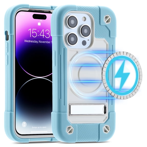 ELEHOLD for iPhone 14 Pro Max 6.7 inch Rugged Hybrid Case Three-Layer Protection Hidden Kickstand Compatible with MagSafe Magnetic Shockproof Case,Skyblue