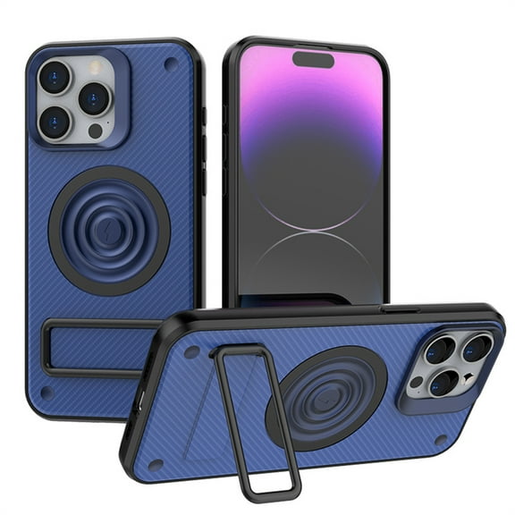 ELEHOLD for iPhone 14 Pro Max Case Carbon Fiber Texture Slim Thin Lightweight Strong Magnetic Compatible with Mag Safe Invisible Kickstand Shockproof Protective Case,blue