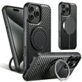 thumbnail image 1 of ELEHOLD For iPhone 14 Pro Max Case,Compatible with Mag Safe Accessories, Luxury PU Leather 360°Rotatable Magnetic Ring Kickstand Slim Light Phone Case for iPhone 14 Pro Max,Black'Carbon Fiber)(, 1 of 7