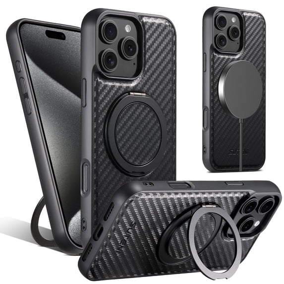 ELEHOLD For iPhone 14 Pro Max Case,Compatible with Mag Safe Accessories, Luxury PU Leather 360°Rotatable Magnetic Ring Kickstand Slim Light Phone Case for iPhone 14 Pro Max,Black'Carbon Fiber)(