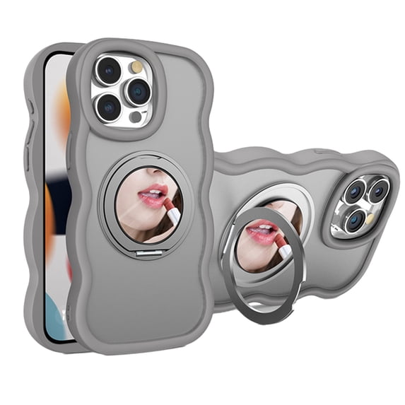 ELEHOLD for iPhone 14 Pro Max Case, Cute Curly Wavy Shape Magnetic Small Mirror Ring Stand Women Girls Shockproof Protection Case with Strap for iPhone 14 Pro Max,Gray