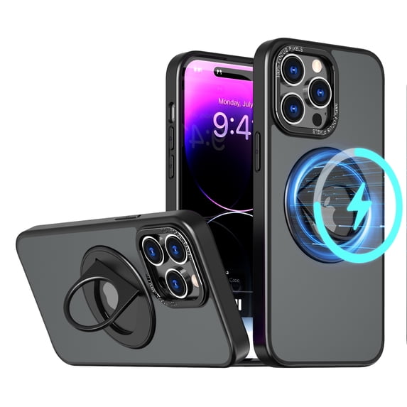 ELEHOLD for iPhone 14 Pro Max Case Matte Magnetic Clear Back Slim Thin Lightweight with Folding Ring Kickstand Shockproof Protective Case Compatible with Mag Safe for iPhone 14 Pro Max,black