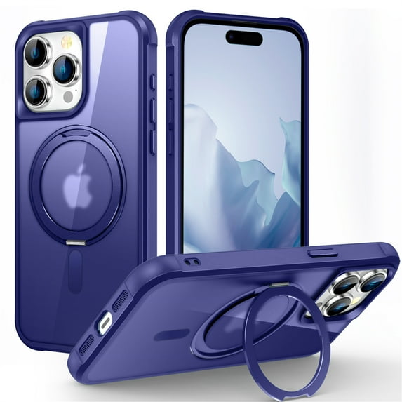 ELEHOLD for iPhone 14 Pro Max Case Matte Translucent Cover with 360° Rotatable Foldable Ring Holder Stand Strong Magnetic Compatible with MagSafe Shockproof Protection Case,darkblue