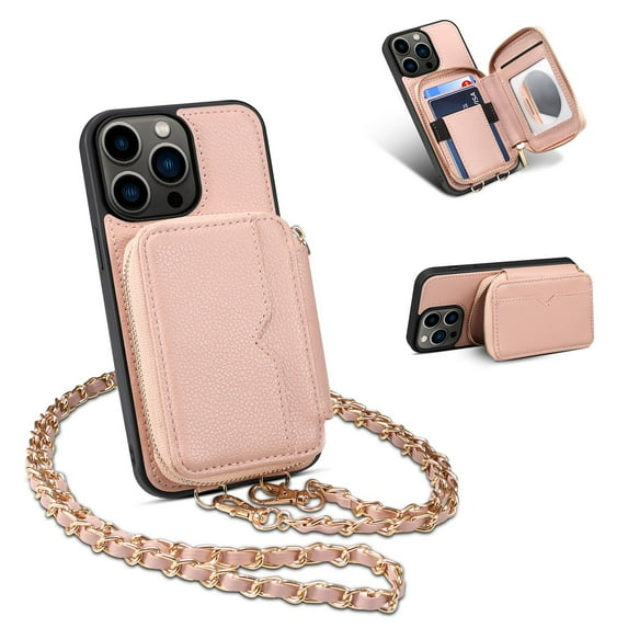 ELEHOLD for iPhone 14 Pro Max Crossbody Leather Case,Card Slots Zipper Wallet Kickstand Premium Leather Full Body Protection with Metal Shoulder Strap Wallet Case, Pink