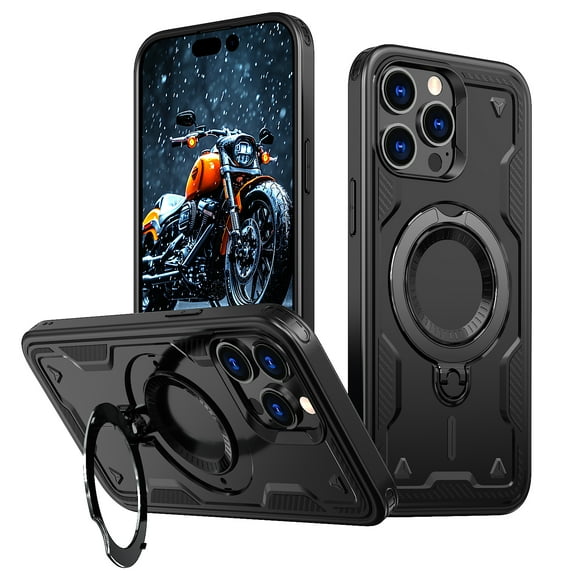 ELEHOLD For iPhone 14 Pro Max Ergonomic Design Military Grade Shockproof Protective Case Magnetic Ring Stand Rugged Cover, Non-Slip, Support Wireless Charging, Black