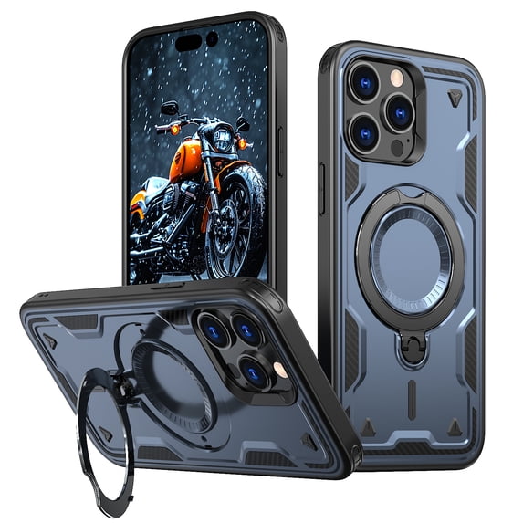ELEHOLD For iPhone 14 Pro Max Ergonomic Design Military Grade Shockproof Protective Case Magnetic Ring Stand Rugged Cover, Non-Slip, Support Wireless Charging, Blue