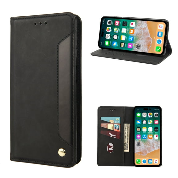 ELEHOLD for iPhone 14 Pro Max Flip Wallet Case, Slim Shockproof Premium Vintage PU Leather Magnetic Closure Built-in Card Holders Kickstand Function Wallet Purse Case,black