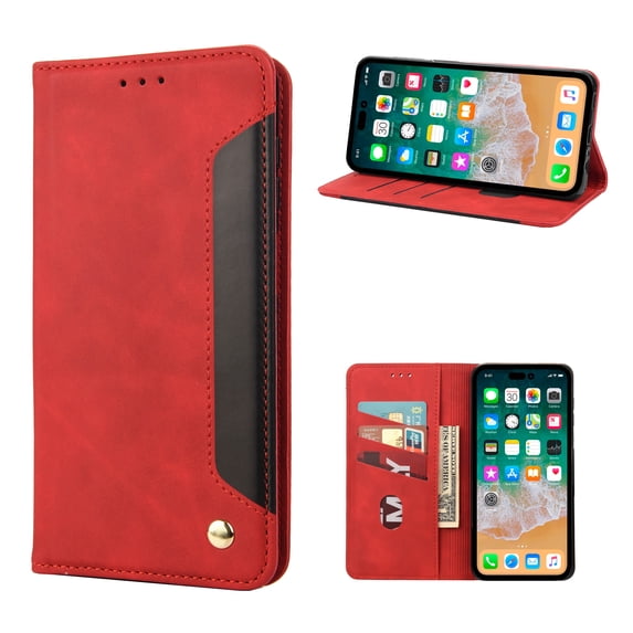 ELEHOLD for iPhone 14 Pro Max Flip Wallet Case, Slim Shockproof Premium Vintage PU Leather Magnetic Closure Built-in Card Holders Kickstand Function Wallet Purse Case,red