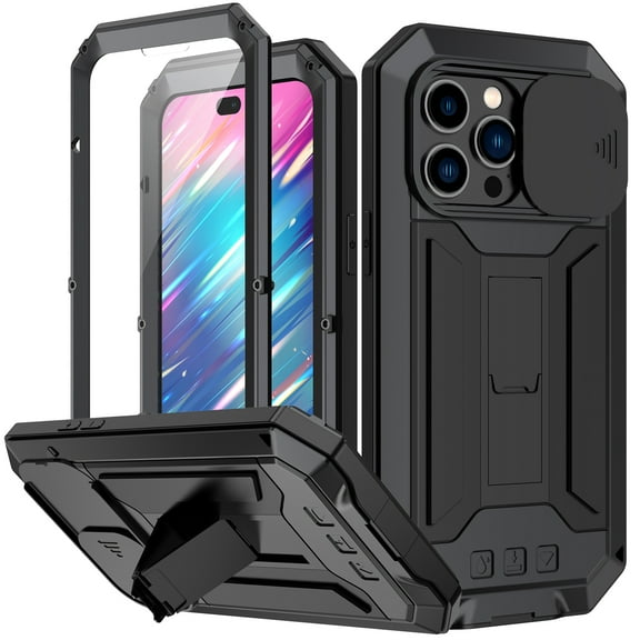 ELEHOLD for iPhone 14 Pro Max Heavy Duty Case, Metal Frame Triple-Layer Armor Military Grade Shockproof Kickstand Screen Protector Camera Lens Sliding Anti-Scratch Rugged Case,Black