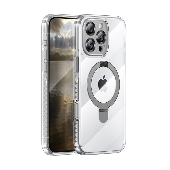 ELEHOLD For iPhone 14 Pro Max Magnetic Ring Stand Case Slim Transparent Full Protection Cover, MagSafe Compatible, None-Yellowing, Lens All-inclusive, No Slip, Clear