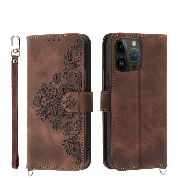 ELEHOLD for iPhone 14 Pro Max Multi-Functional Wallet Case Embossed Flower Pattern Card Slots Kickstand Magnetic Clasp Handstrap Shoulder Strap Shockproof Case 6.7inch,Brown