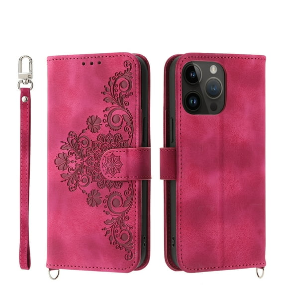 ELEHOLD for iPhone 14 Pro Max Multi-Functional Wallet Case Embossed Flower Pattern Card Slots Kickstand Magnetic Clasp Handstrap Shoulder Strap Shockproof Case 6.7inch,Winered