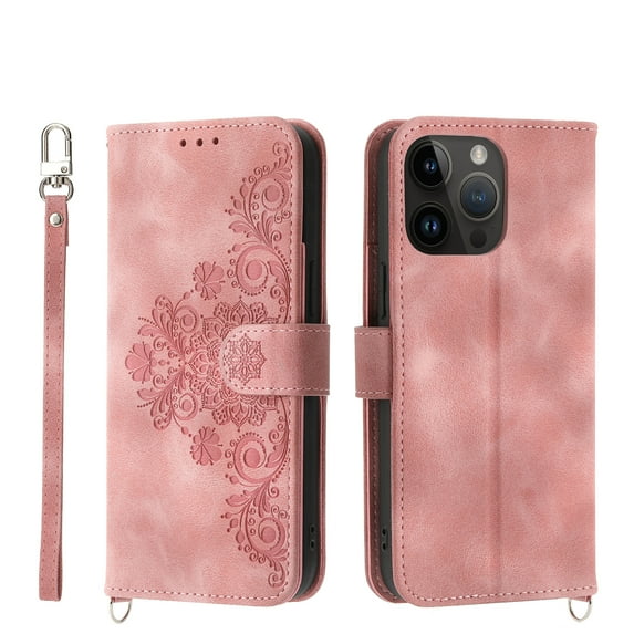 ELEHOLD for iPhone 14 Pro Max Multi-Functional Wallet Case Embossed Flower Pattern Card Slots Kickstand Magnetic Clasp Handstrap Shoulder Strap Shockproof Case 6.7inch,Pink