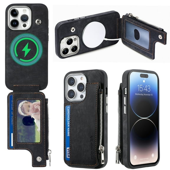 ELEHOLD for iPhone 14 Pro Max Multi-Functional Wallet Case,Premium PU Leather with Card Holders Zipper Storage Magnetic Case MagSafe Compatible Support Wireless Charging Full Protective Case,black