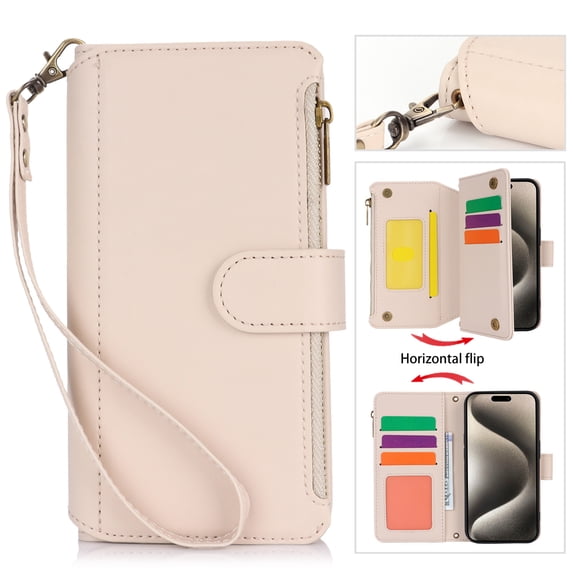ELEHOLD for iPhone 14 Pro Max PU Leather Wallet Case, with Card Holder Strap Shoulder Lanyard for Women Men, Durable Zipper Kickstand Cover for iPhone 14 Pro Max,White