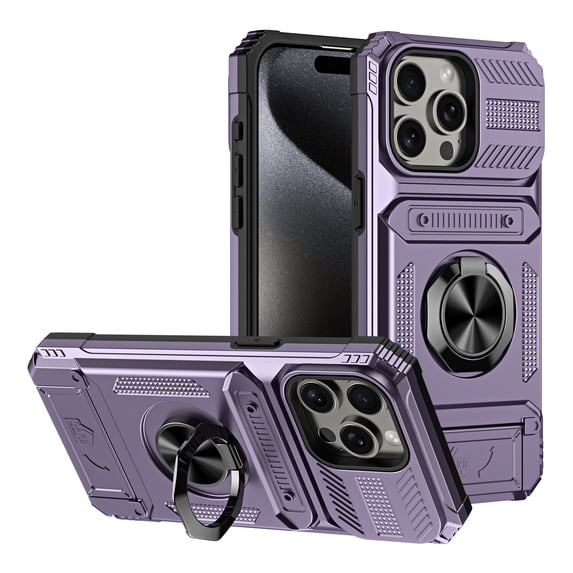 ELEHOLD for iPhone 14 Pro Max Rugged Hard Case with Metal Ring Holder Kickstand Work with Magnetic Car Mount Hidden Card Slot Pocket Shockproof Anti-Drop Armor Protective Cover,Violet