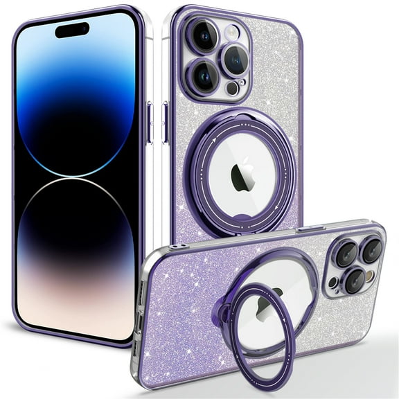 ELEHOLD for iPhone 14 Pro Max Slim Magnetic Case Fashion Glitter Paper Clear Case with Rotation Ring Holder Kickstand Compatible with Mag Safe Support Magnetic Car Mount Shockproof Cover,purple