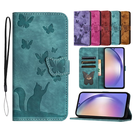 ELEHOLD for iPhone 14 Pro Max Wallet Case, Embossed Butterfly Cute Cat Soft PU Leather Folio Flip Shockproof Protective Credit Card Slots Holder Cover for iPhone 14 Pro Max,Green