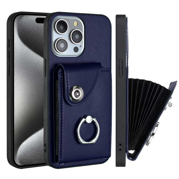 ELEHOLD for iPhone 14 Pro Max Wallet Case PU Leather Organ Card Slots Holders Magnetic Button Finger Ring Holder Stand Shockproof Full Protective Case,blue