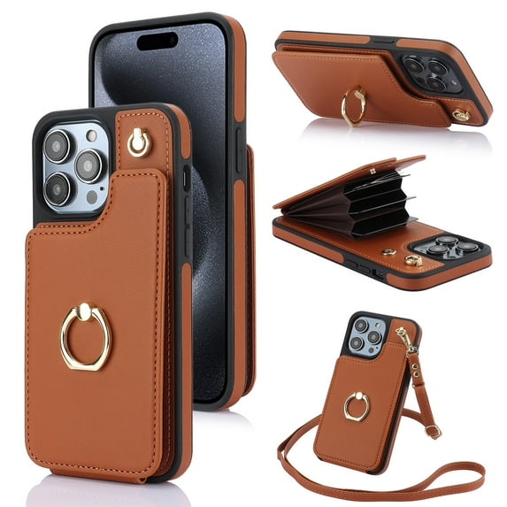 ELEHOLD for iPhone 14 Pro Max Wallet Crossbody Case with Organ Card Slots Metal Finger Ring Holder Kickstand Crossbody Shoulder Strap Shockproof Purse Cover for Women Girls,brown