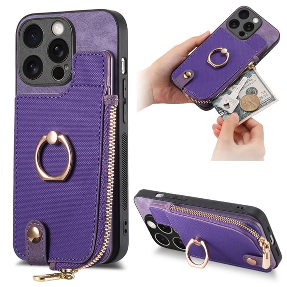 ELEHOLD for iPhone 14 Pro Max Zipper Wallet Case with Back Card Holders Metal Ring Holder Kickstand Function Leather Shockproof Card Wallet Case for Women Men,purple