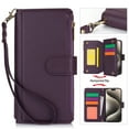 thumbnail image 1 of ELEHOLD for iPhone 14 Pro PU Leather Wallet Case, with Card Holder Strap Shoulder Lanyard for Women Men, Durable Zipper Kickstand Cover for iPhone 14 Pro,Purple, 1 of 10