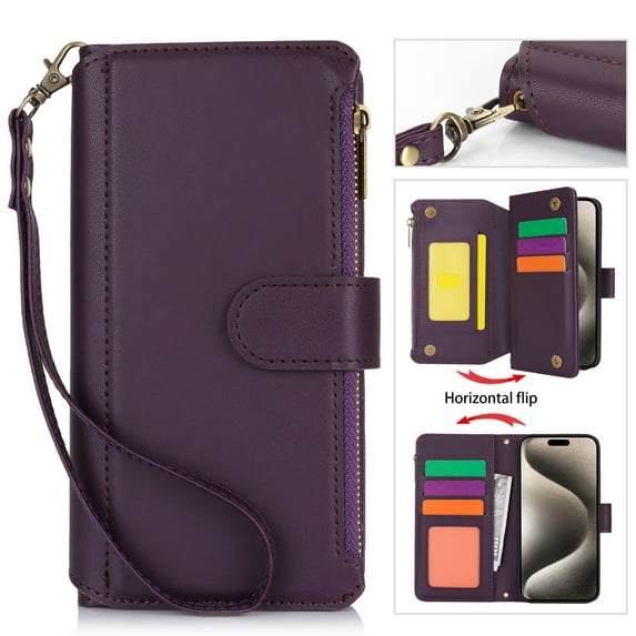 ELEHOLD for iPhone 14 Pro PU Leather Wallet Case, with Card Holder Strap Shoulder Lanyard for Women Men, Durable Zipper Kickstand Cover for iPhone 14 Pro,Purple