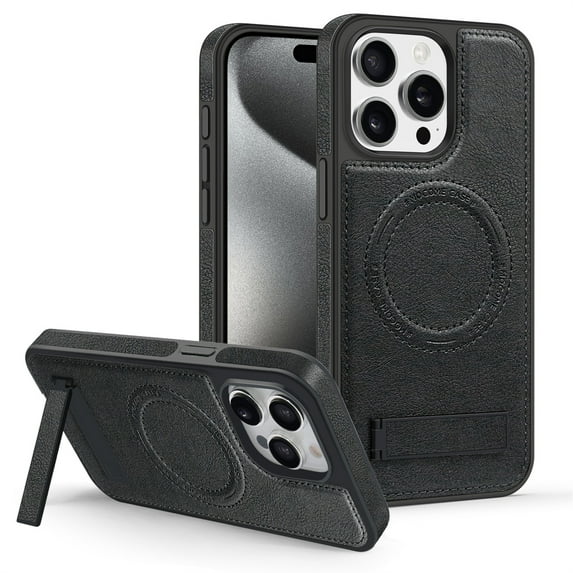 ELEHOLD for iPhone 14 Pro Premium Leather Case Strong Magnetic Compatible with Mag Safe with Foldable Invisible Kickstand Scratch-Resistant Shockproof Protective Case,black