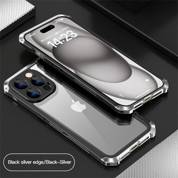ELEHOLD for iPhone 14 Pro Rugged Case Aluminium Alloy Metal Frame Glass Back Panel Military Grade Shockproof Protection Support Wireless Charging for iPhone 14 Pro,blacksilver