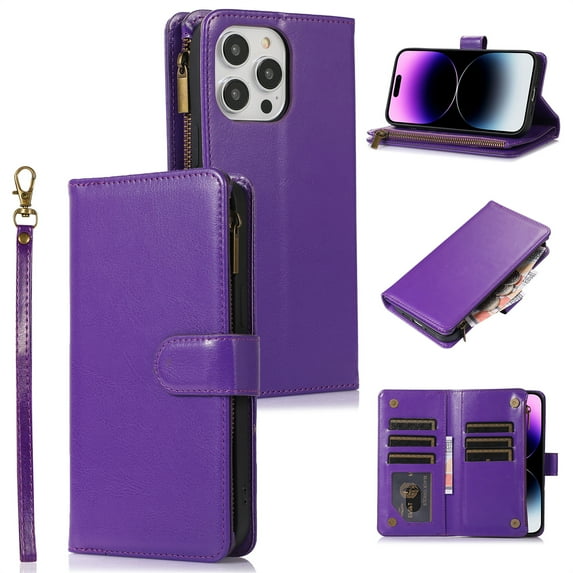 ELEHOLD for iPhone 14 Pro Wallet Case with 9 Card Holders Zipper Pocket Kickstand Soft PU Leather Flip Shockproof Protective Cover with Wrist Strap Business Style for Women Men,purple