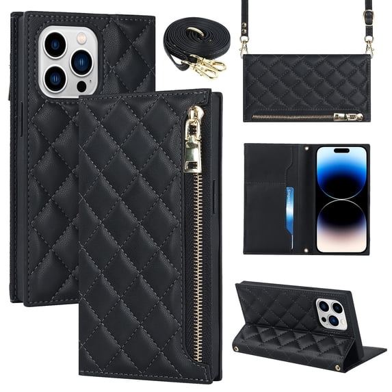 ELEHOLD for iPhone 14 Pro Wallet Case,Card Slot Zipper Purse Adjustable Crossbody Strap Stand Function Leather Wallet Case for iPhone 14 Pro 6.1 inch, Black