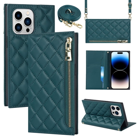 ELEHOLD for iPhone 14 Pro Wallet Case,Card Slot Zipper Purse Adjustable Crossbody Strap Stand Function Leather Wallet Case for iPhone 14 Pro 6.1 inch, Green