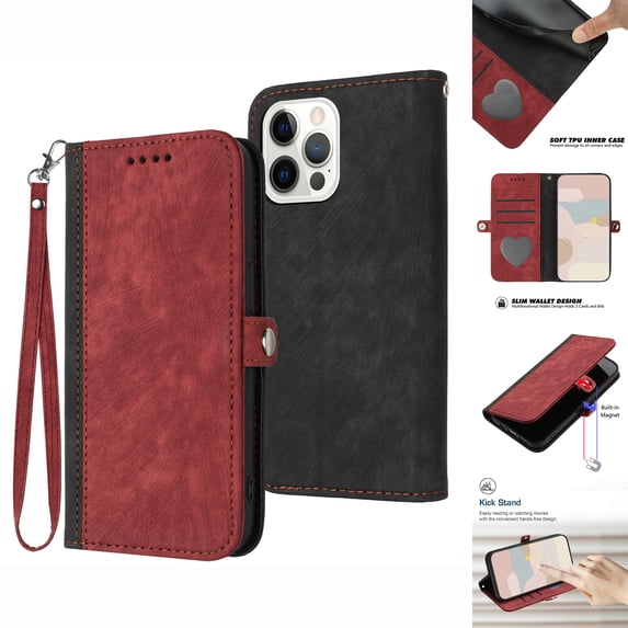 ELEHOLD for iPhone 14 Pro Wallet Case with Detachable Wrist Strap Handbag, Luxury PU Leather Flip Soft TPU Built-in Magnetic Card Slots Kickstand Function Shockproof Protective Cover Case,Red