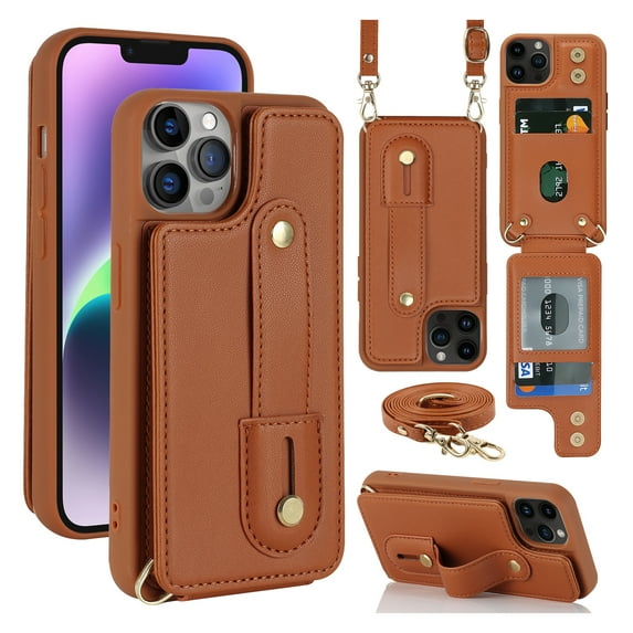 ELEHOLD iPhone 14 Pro Wallet Case, Flip Card Slots Magnetic Button Kickstand Function Non-Slip Wristband Crossbody Shoulder Strap for iPhone 14 Pro 6.1" Fashion Leather Case,Brown