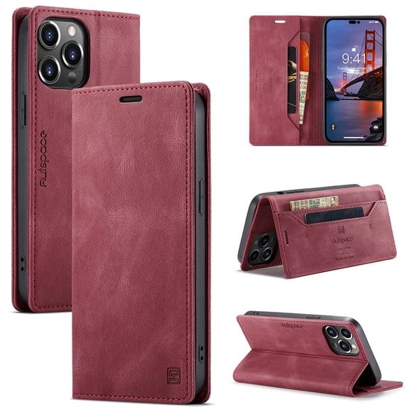 ELEHOLD for iPhone 14 Pro Wallet Case, Slim Luxury PU Leather Flip Cover RFID Blocking Card Slots Magnetic Closure Anti-Scratch Shockproof Case for iPhone 14 Pro 6.1 inch,Red