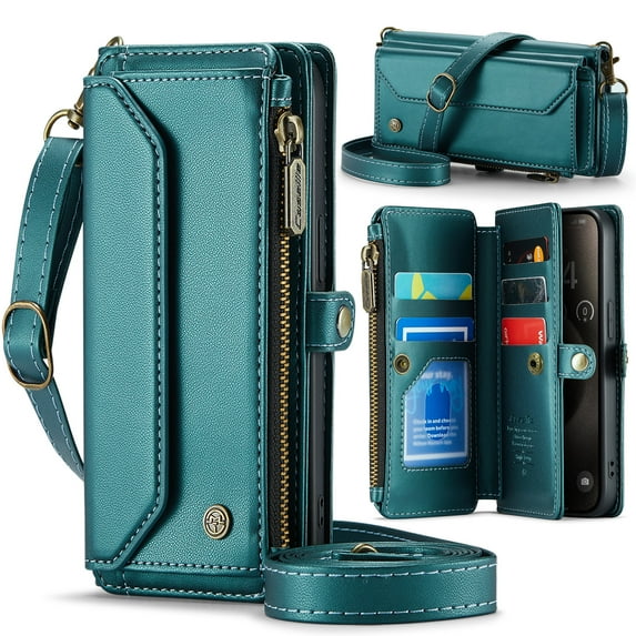 ELEHOLD for iPhone 14 Pro Wallet Case,Support Wireless Charging PU Leather RFID Blocking Card Holder Kickstand Flip Shockproof Protective Case with Crossbody Wristlet Strap for iPhone 14 Pro,Green