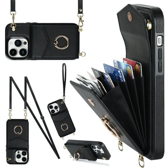 ELEHOLD for iPhone 14, Shockproof PU Leather Case with Rotation Ring Stand Adjustable Shoulder Strap,Card Slots Stand RFID Blocking Protective Case Cover, black
