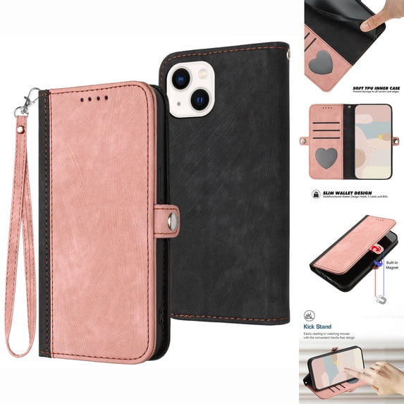ELEHOLD for iPhone 14 Wallet Case with Detachable Wrist Strap Handbag, Luxury PU Leather Flip Soft TPU Built-in Magnetic Card Slots Kickstand Function Shockproof Protective Cover Case,Pink