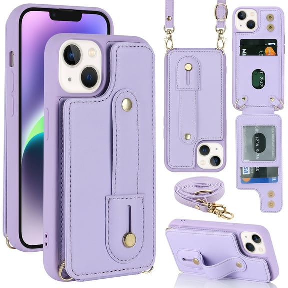 ELEHOLD iPhone 14 Wallet Case, Flip Card Slots Magnetic Button Kickstand Function Non-Slip Wristband Crossbody Shoulder Strap for iPhone 14 6.1" Fashion Leather Case,Purple
