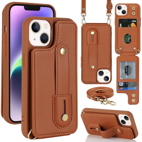 ELEHOLD iPhone 14 Wallet Case, Flip Card Slots Magnetic Button Kickstand Function Non-Slip Wristband Crossbody Shoulder Strap for iPhone 14 6.1" Fashion Leather Case,Brown
