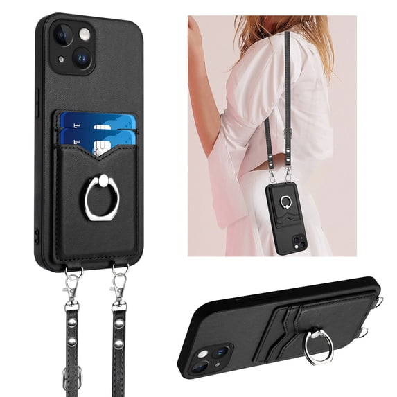 ELEHOLD for iPhone 14 Wallet Case,Soft PU Leather 360°Rotation Ring Kickstand Card Holder Anti-Drop Shockproof Protective Case with Crossbody Strap for iPhone 14,Black