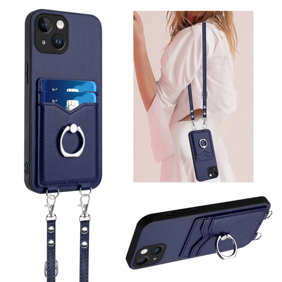 ELEHOLD for iPhone 14 Wallet Case,Soft PU Leather 360°Rotation Ring Kickstand Card Holder Anti-Drop Shockproof Protective Case with Crossbody Strap for iPhone 14,Blue