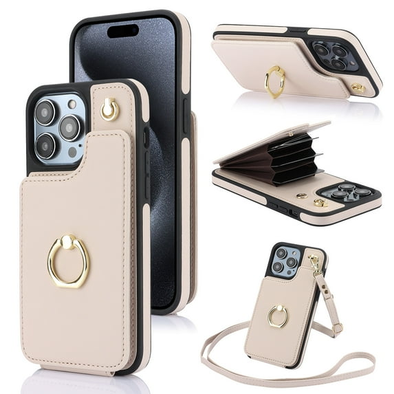 ELEHOLD for iPhone 14 Wallet Crossbody Case with Organ Card Slots Metal Finger Ring Holder Kickstand Crossbody Shoulder Strap Shockproof Purse Cover for Women Girls,apricot