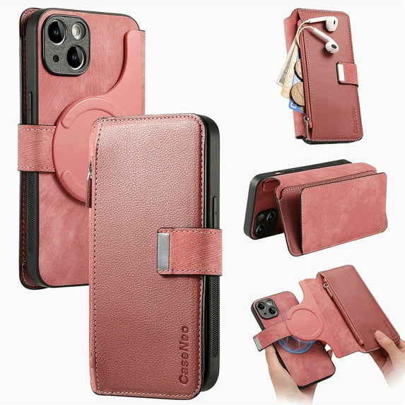 ELEHOLD for iPhone 14 Zipper Wallet Case,Magnetic Detachable RFID Flip Card Slots Stand Function Shockproof Full Protective Leather Case for iPhone 14,Pink